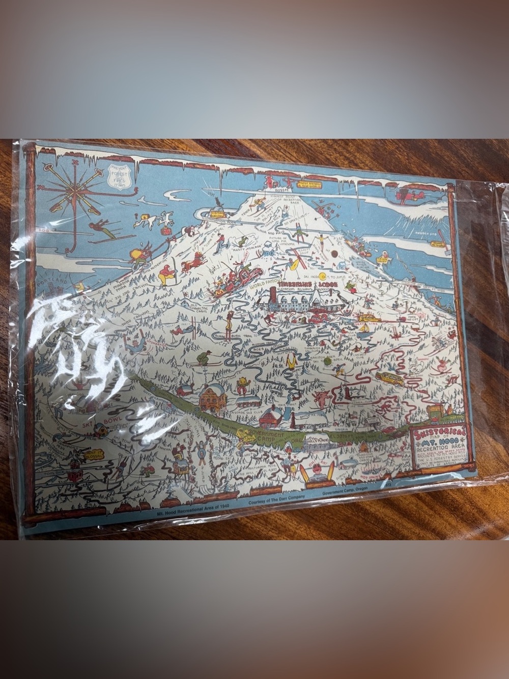 Mt. Hood Oregon Historic Vintage Illustrated Map Print, Ski Resort Scene